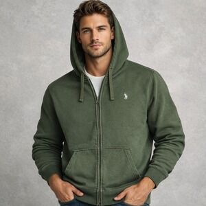 US Polo Assn Full Zip Cotton Hoodie Army Green Mens XL Embroidered Pony Logo